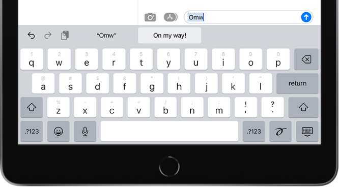 A message with the text shortcut OMW typed in the text field and the phrase “On my way!” suggested below as replacement text.