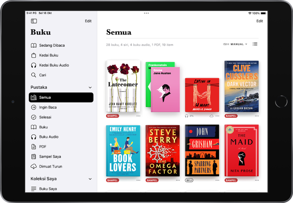 Skrin Pustaka dalam app Buku. Bar sisi dibuka di sebelah kiri skrin dan di bawah Pustaka, Semua dipilih. Baki skrin menunjukkan grid kulit buku.