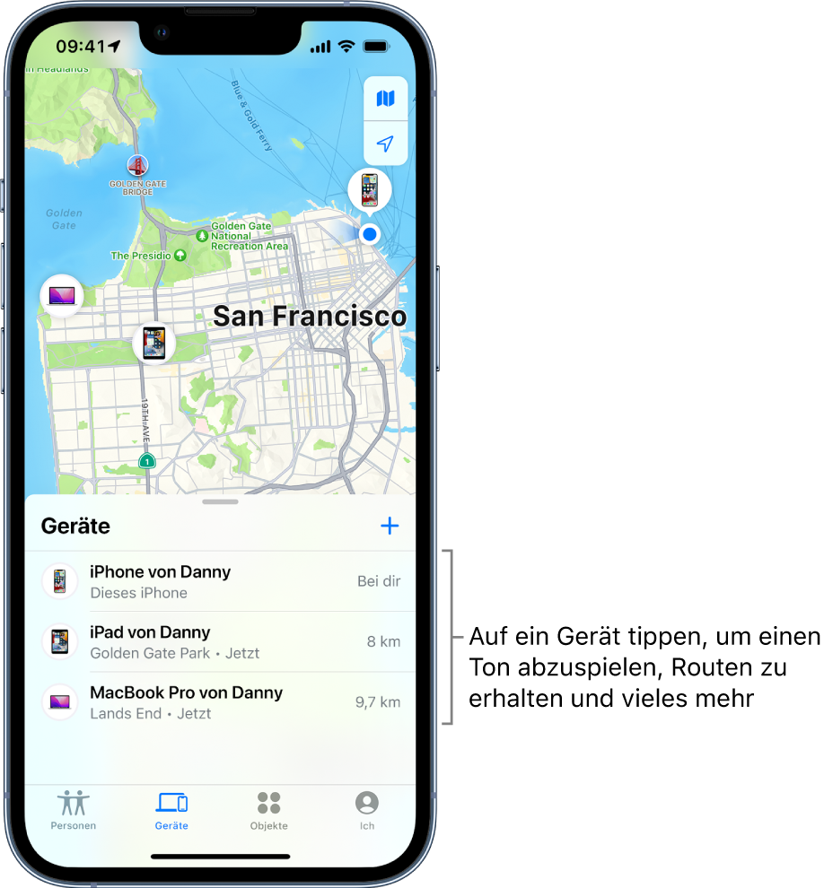 Der Bildschirm „Wo ist?“ mit geöffneter Liste „Geräte“. Die Liste „Geräte“ enthält drei Geräte: iPhone von Danny, iPad von Danny und MacBook Pro von Danny. Ihre Standorte werden auf einer Karte von San Francisco angezeigt.