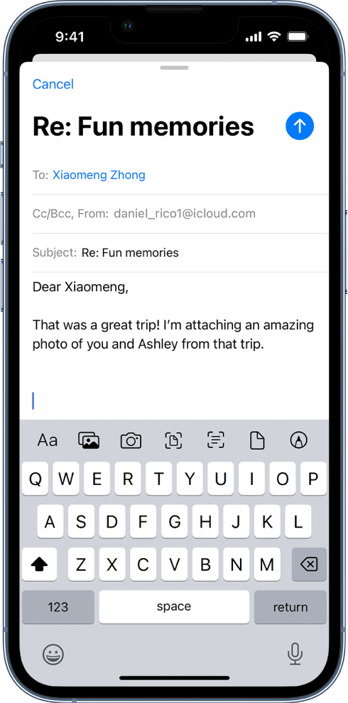 A draft email being composed with the attachment options visible across the middle of the screen. There are options for inserting text, inserting images, taking a photo, scanning live text, scanning a document, inserting a saved file, or drawing in the email.