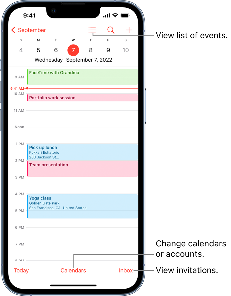 A calendar in Day view showing the day’s events. The Calendars button at the bottom of the screen lets you change calendar accounts. The Inbox button at the bottom right lets you view invitations.
