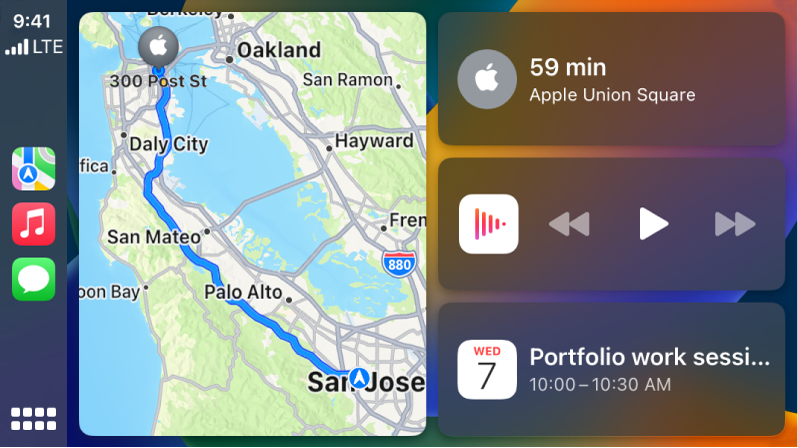CarPlay Dashboard showing icons for Maps, Music, and Messages on the left, a map showing a driving route in the middle, and three items stacked on the right. The top item on the right shows shows the driving time to a location. The middle item shows media playback controls. The lower item indicates an upcoming calendar appointment.