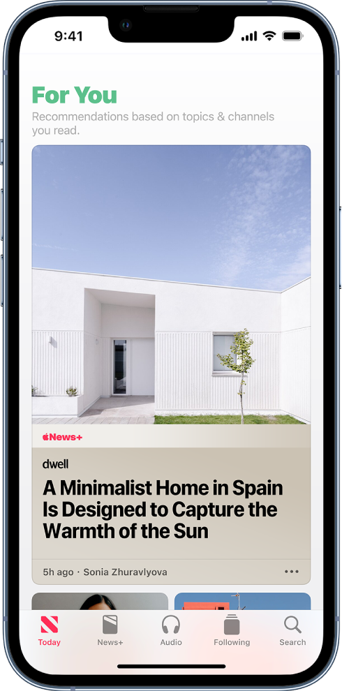 The For You section of the Today feed showing a story from a magazine available through Apple News+.