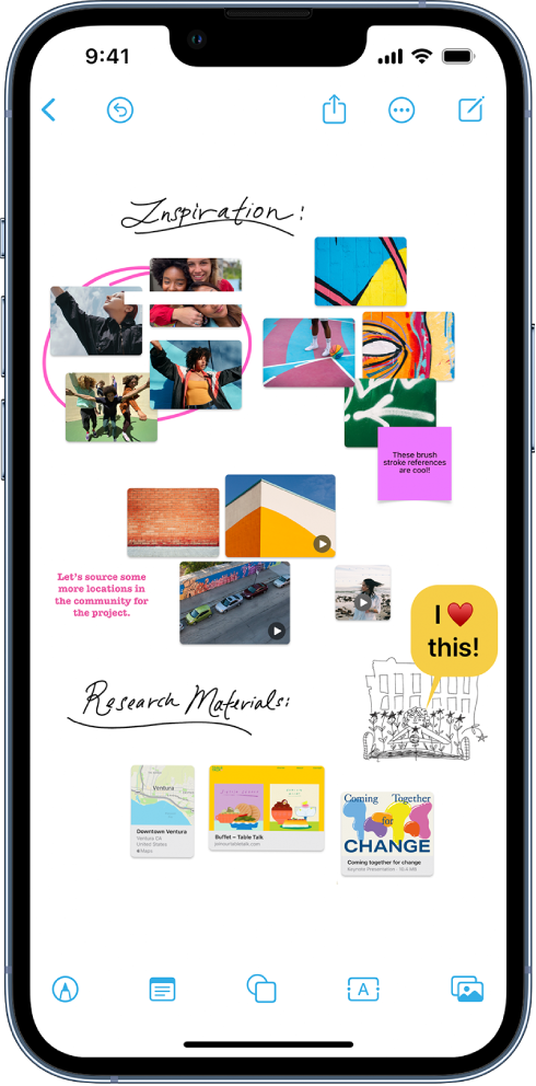 iPhone with the Freeform app open. The board includes handwriting, drawings, shapes, photos, videos, sticky notes, links, and other files.