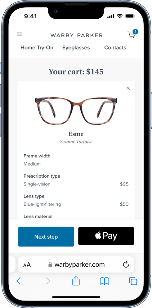 A product webpage for eyeglasses with the Apple Pay button at the bottom right.