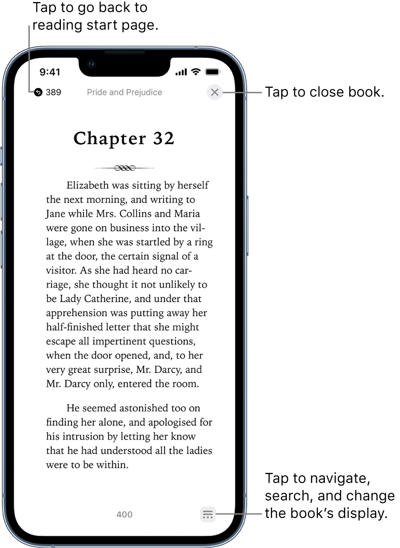 A page of a book in the Books app. At the top of the screen are the buttons for returning to the page on which you began reading and for closing the book. At the bottom right of the screen is the Menu button.