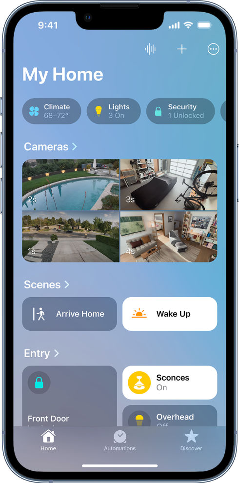 The Home tab with Categories at the top of the screen. Images from four security cameras appear below the Cameras heading. The images show a back yard, garage, front yard, and living room. Two scenes appear in the middle of the screen, with a room and its accessories appearing below.