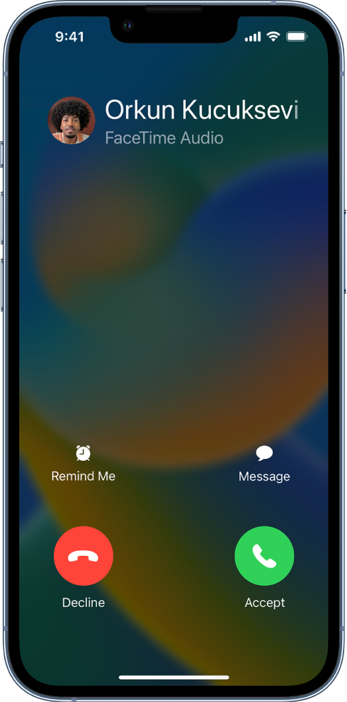 A screen showing a notification of an incoming call at the top. The Decline and Accept buttons are at the top right.