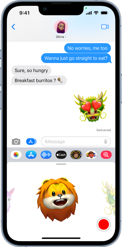 A Messages conversation with a Memoji selected and ready to be recorded before being sent.