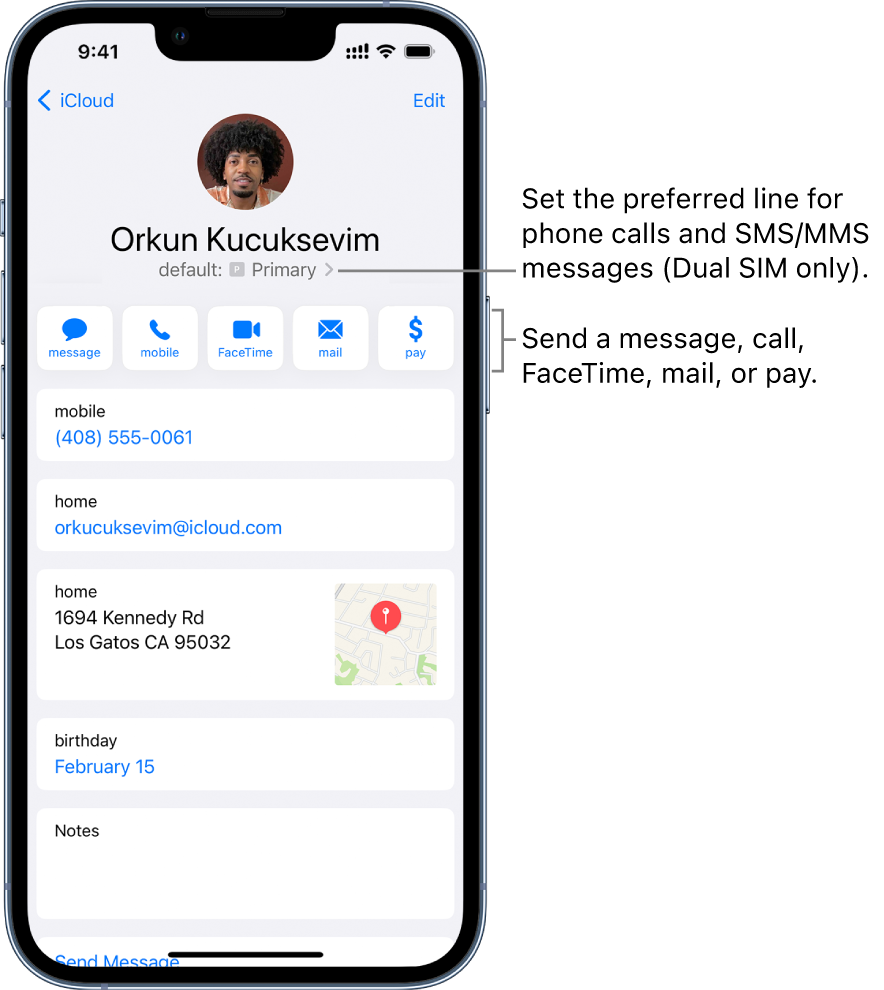 The info screen for a contact. At the top is the contact’s photo and name. Below are buttons for sending a message, making a phone call, making a FaceTime call, sending an email message, and sending money with Apple Pay. Below the buttons is the contact information.