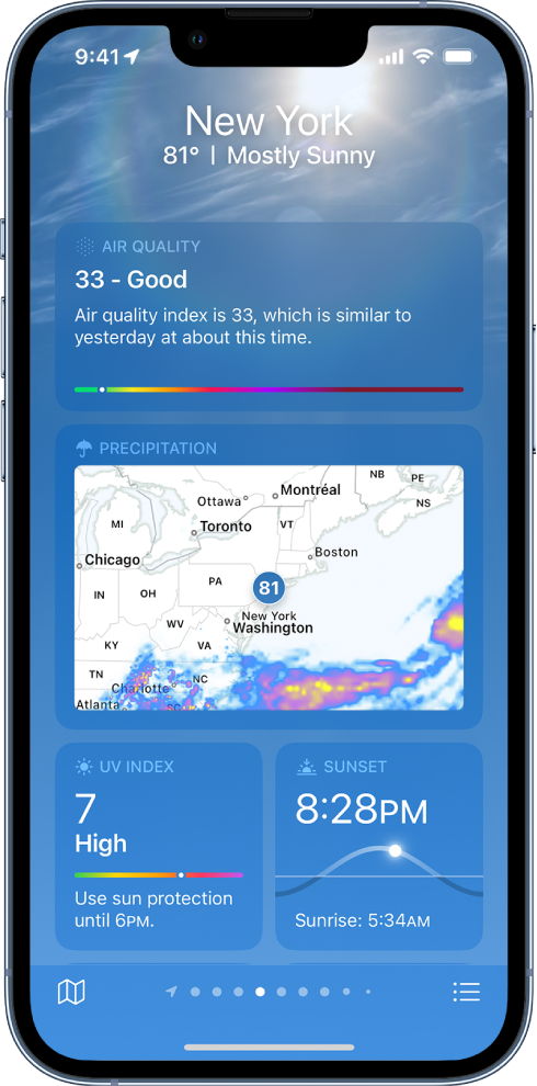 The Weather screen showing the location at the top, and the current temperature and weather conditions. Below that are weather details for the following elements: air quality, precipitation, UV index, and sunset.