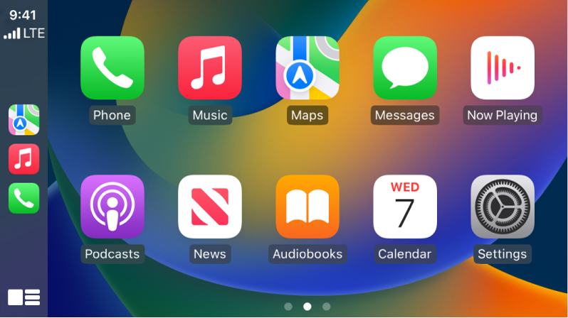CarPlay Home showing icons for Phone, Music, Maps, Messages, Now Playing, Podcasts, Audiobooks, Calendar and Settings.