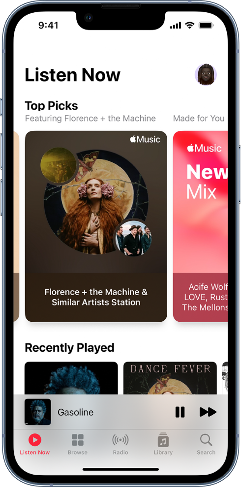 The Listen Now screen in Apple Music, with album art for Top Picks and Recently Played. Below them are the Play controls and an album art thumbnail for the currently playing song. You can swipe left or right to view additional music.