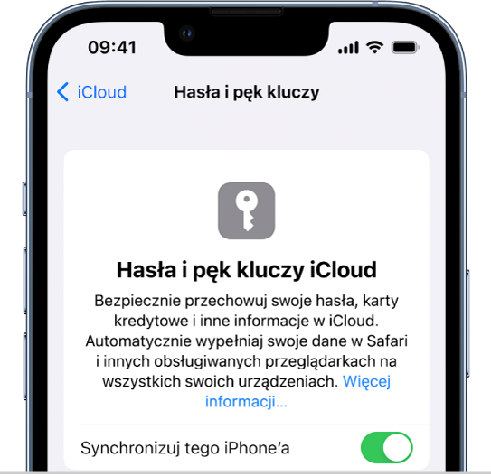 Ekran Hasła i pęk kluczy w iCloud z opcją umożliwiającą synchronizowanie tego iPhone’a.