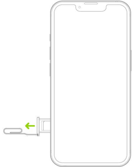 Um clipe ou ferramenta ejetora de SIM está inserido no pequeno orifício da bandeja na lateral esquerda do iPhone para ejetar e remover a bandeja.