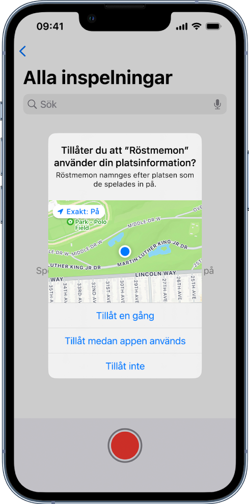 En begäran från en app om att använda platsdata på iPhone. Alternativen är Tillåt en gång, Tillåt medan appen används och Tillåt inte.