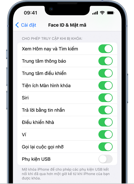 Màn hình Face ID và Mật mã, với các cài đặt để cho phép truy cập vào các tính năng cụ thể khi iPhone được khóa.