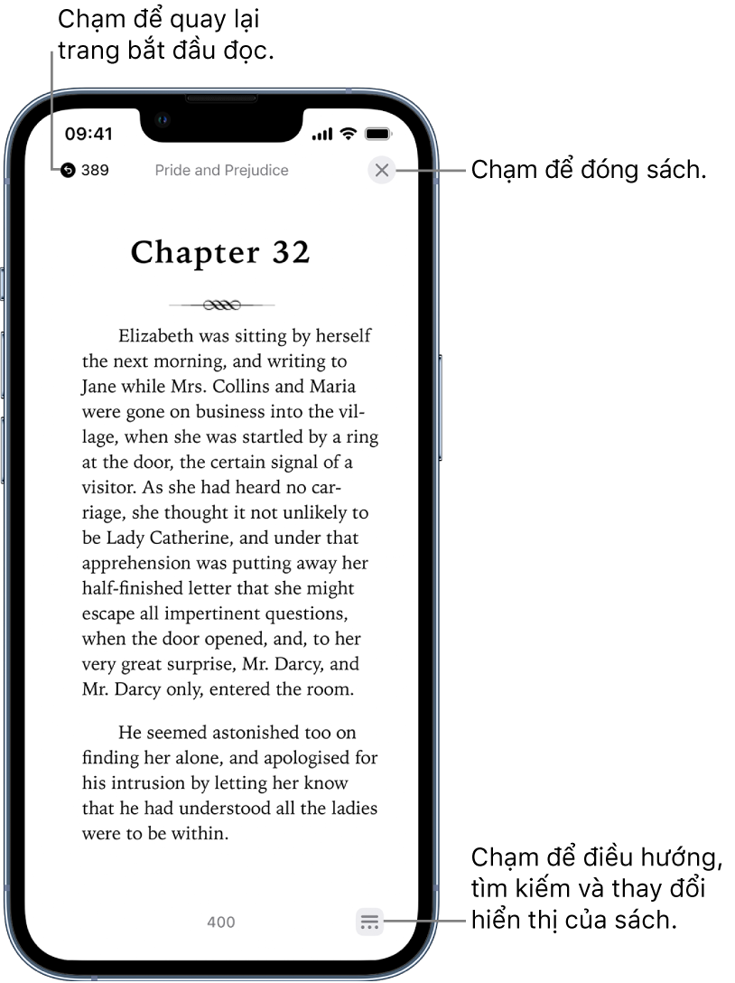 Một trang sách trong ứng dụng Sách. Ở đầu màn hình là các nút để quay lại trang mà bạn đã bắt đầu đọc và để đóng sách. Ở dưới cùng bên phải của màn hình là nút Menu.