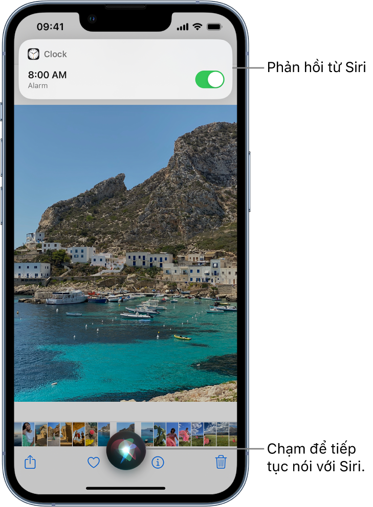 Siri trên màn hình ứng dụng Thời tiết. Một thông báo từ ứng dụng Đồng hồ cho biết rằng báo thức đã được bật cho lúc 8:00 sáng. Một nút ở cuối của màn hình được sử dụng để tiếp tục nói với Siri.