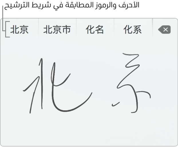 نافذة الكتابة باليد على لوحة التعقب تعرض كلمة "بكين" مكتوبة بخط اليد باللغة الصينية المبسطة. عندما ترسم أشرطة على لوحة التعقب، فإن شريط المرشحين (في الجزء العلوي من نافذة الكتابة باليد على لوحة التعقب) يُظهر الأحرف والرموز التي يُحتمل تطابقها. اضغط على مرشح لتحديده.