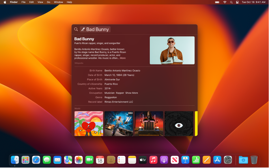 سطح مكتب Mac به نافذة الباحث مفتوحة. تعرض نتائج البحث تفاصيل حول فنان موسيقي والعديد من ألبوماته.