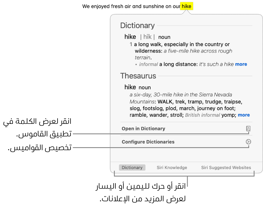 نافذة البحث وتعرض القاموس وتعريفات المترادفات لإحدى الكلمات.