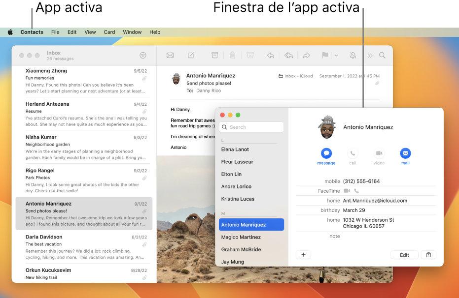 Un exemple d’un escriptori amb diverses finestres obertes però amb una sola app activa.