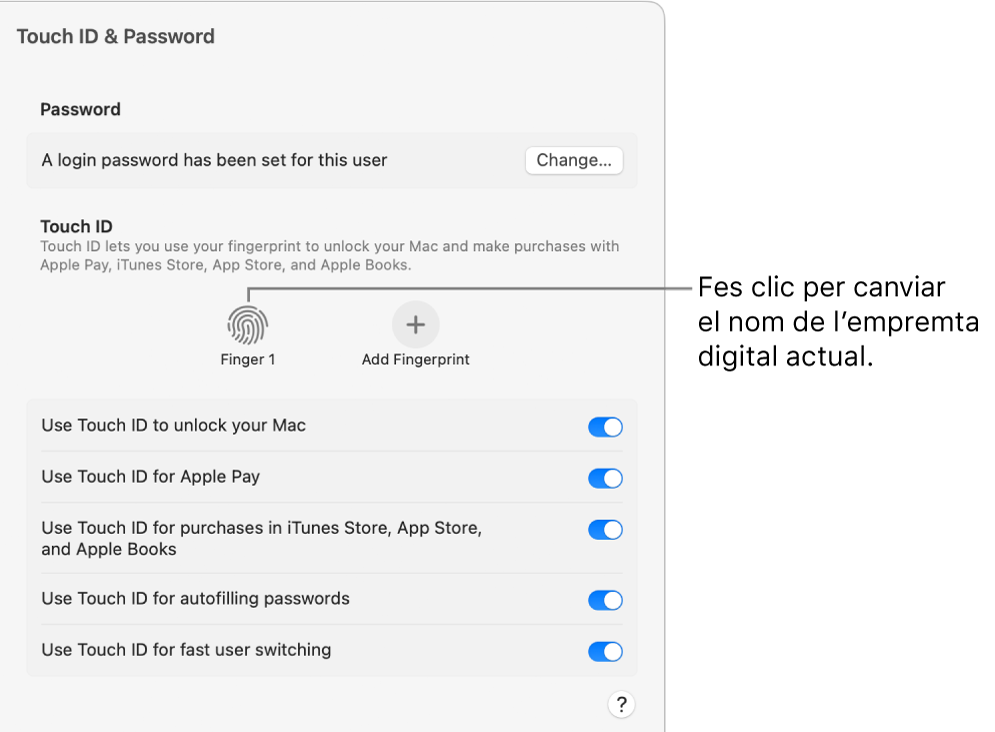 La configuració del Touch ID i contrasenya, amb una empremta digital a punt per fer‑la servir per desbloquejar el Mac.