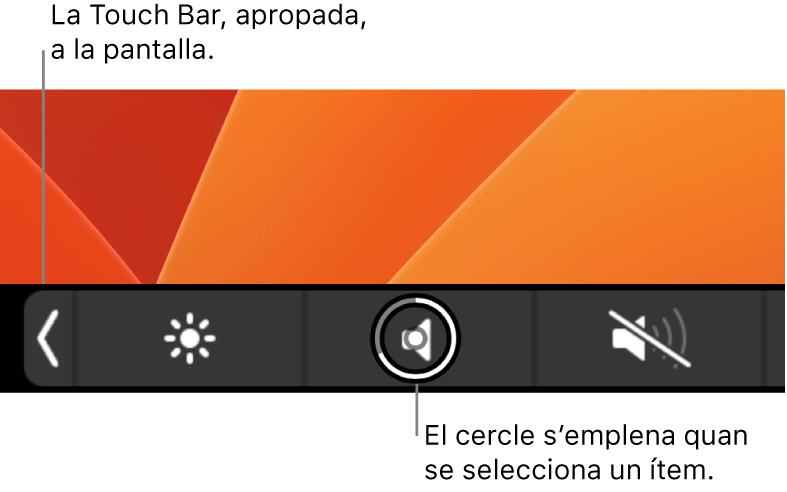 Touch Bar amb el zoom activat a la part inferior de la pantalla; el cercle que apareix sobre un botó s’omple quan se selecciona el botó.