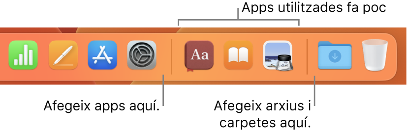L’extrem dret del Dock mostra les línies separadores que hi ha abans i després de la secció d’apps usades fa poc.
