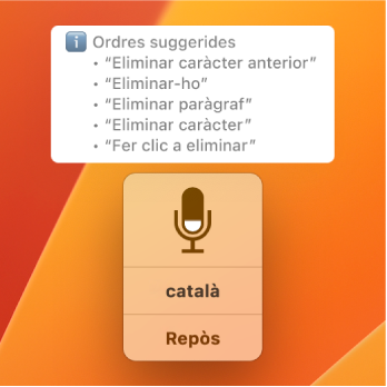 La finestra de resposta del control per veu amb suggeriments d’ordres de text, com ara “Eliminar eso” o “Hacer clic en Editar”, a sobre.