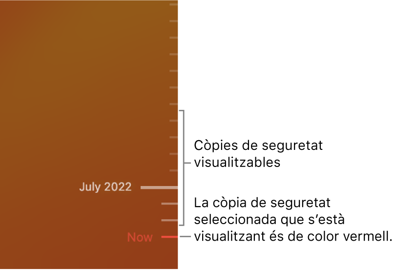 Marques de selecció a la cronologia de les còpies de seguretat. La marca de selecció de color vermell indica la còpia de seguretat que estàs explorant.