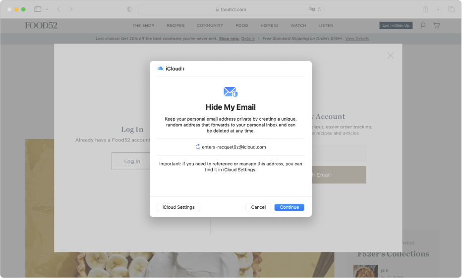 Aplikace Safari zobrazující dialogová okna iCloud+ a Skrýt můj e-mail