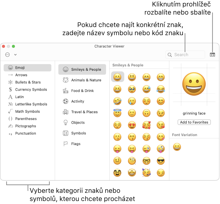 Okno Prohlížeč znaků. Nalevo vyberte kategorii pro procházení znaků a symbolů. Konkrétní znak můžete vyhledat tak, že do pole hledání zadáte kód nebo název symbolu. Prohlížeč můžete rozbalit nebo sbalit kliknutím v pravém horním rohu.