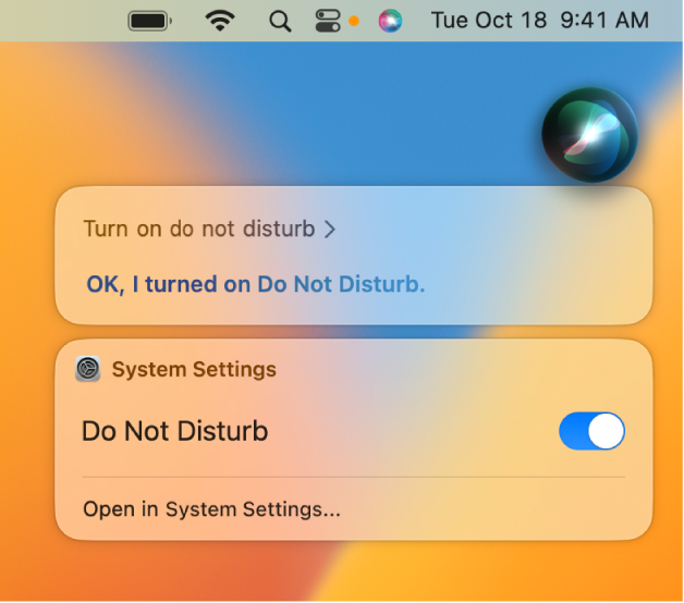 Okno Siri s požadavkem dokončit úlohu „Turn on do not disturb.“