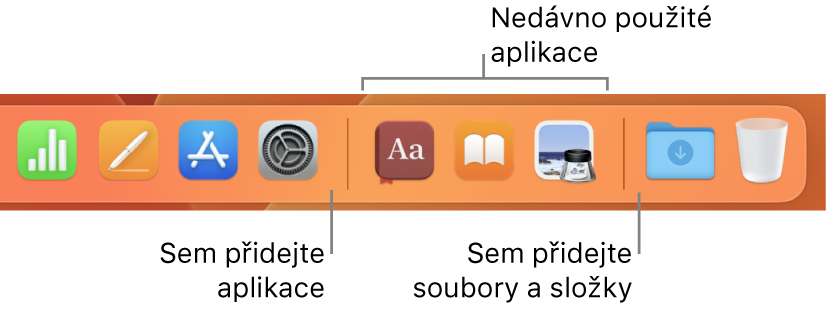 Část Docku zobrazující dělicí čáry mezi aplikacemi, nedávno použitými aplikacemi a složkami a soubory.