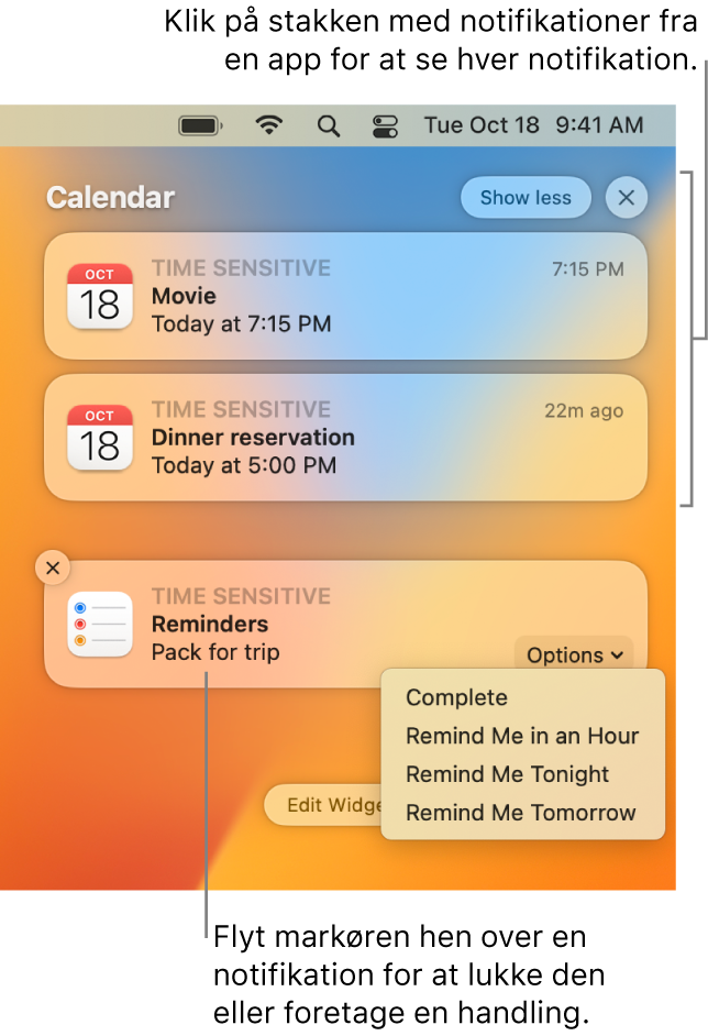 Appnotifikationer i øverste højre hjørne af skrivebordet med en åben stak, der indeholder to notifikationer fra Påmindelser og knappen “Vis mindre”, der bruges til at skjule stakken, og en notifikation fra Kalender med knappen Snooze.