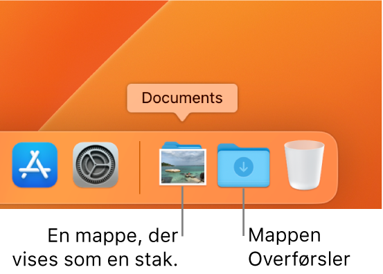 Højre ende af Dock med en mappe, der vises som en stak, og mappen Overførsler, der vises som en mappe.