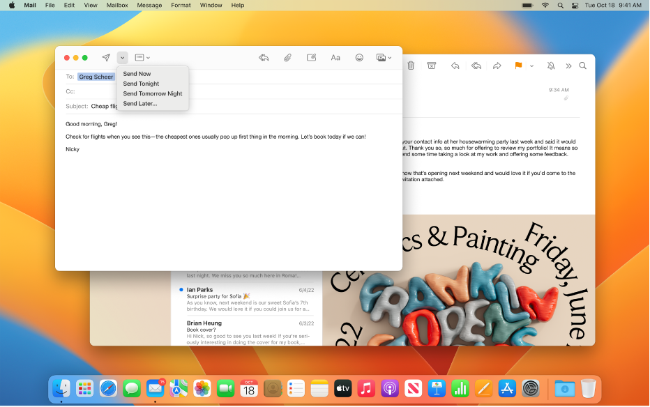Skrivebordet på Mac, der viser en besked i Mail, der er klar til at blive sendt – du kan vælge at sende den nu, i aften, i morgen aften eller senere.