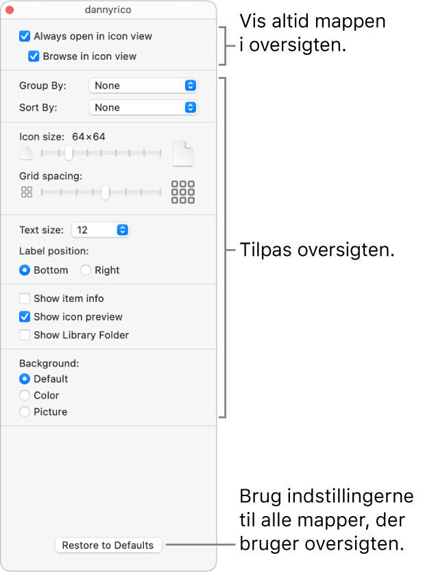 Indstillinger til symboloversigt til en mappe.