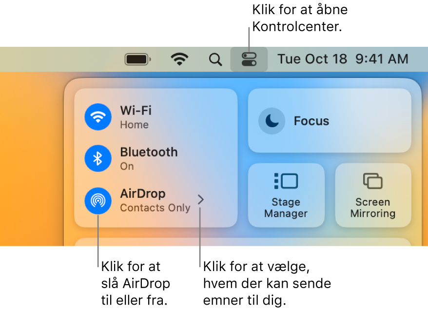 Et Kontrolcenter-vindue med knapper til at slå AirDrop til og fra og vælge, hvem der må sende emner til dig.