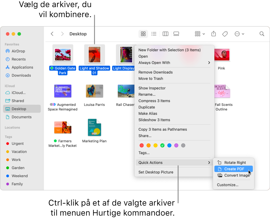 Et Findervindue med arkiver og mapper, hvor tre arkiver er valgt, og Opret PDF-dokument er fremhævet på menuen med hurtige kommandoer.