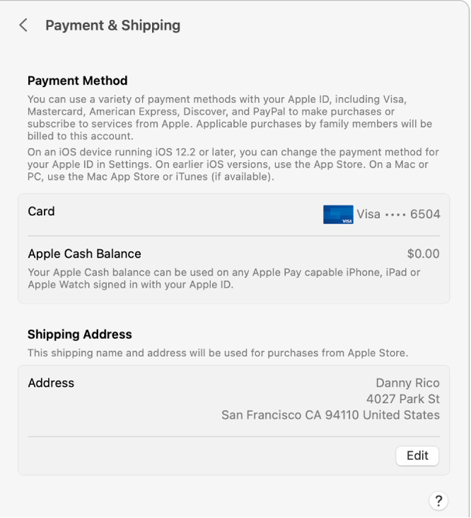 Indstillinger til Apple-id, der viser indstillingerne for Betaling og forsendelse for en eksisterende konto.