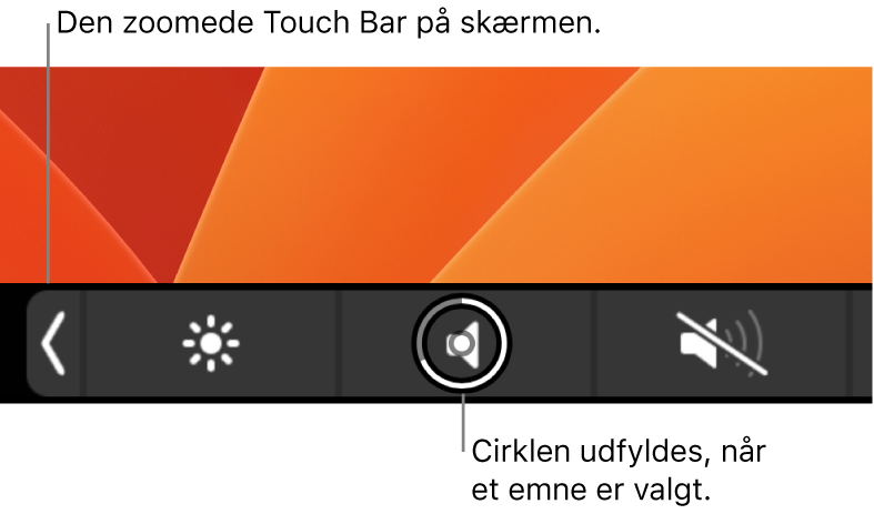 Den zoomede Touch Bar langs bunden af skærmen. cirklen over en knap udfyldes, når knappen vælges.