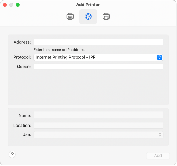 Das Fenster „Hinzufügen“ mit den IP-Optionen zum Einrichten eines Druckers mit dem IP-Protokoll.