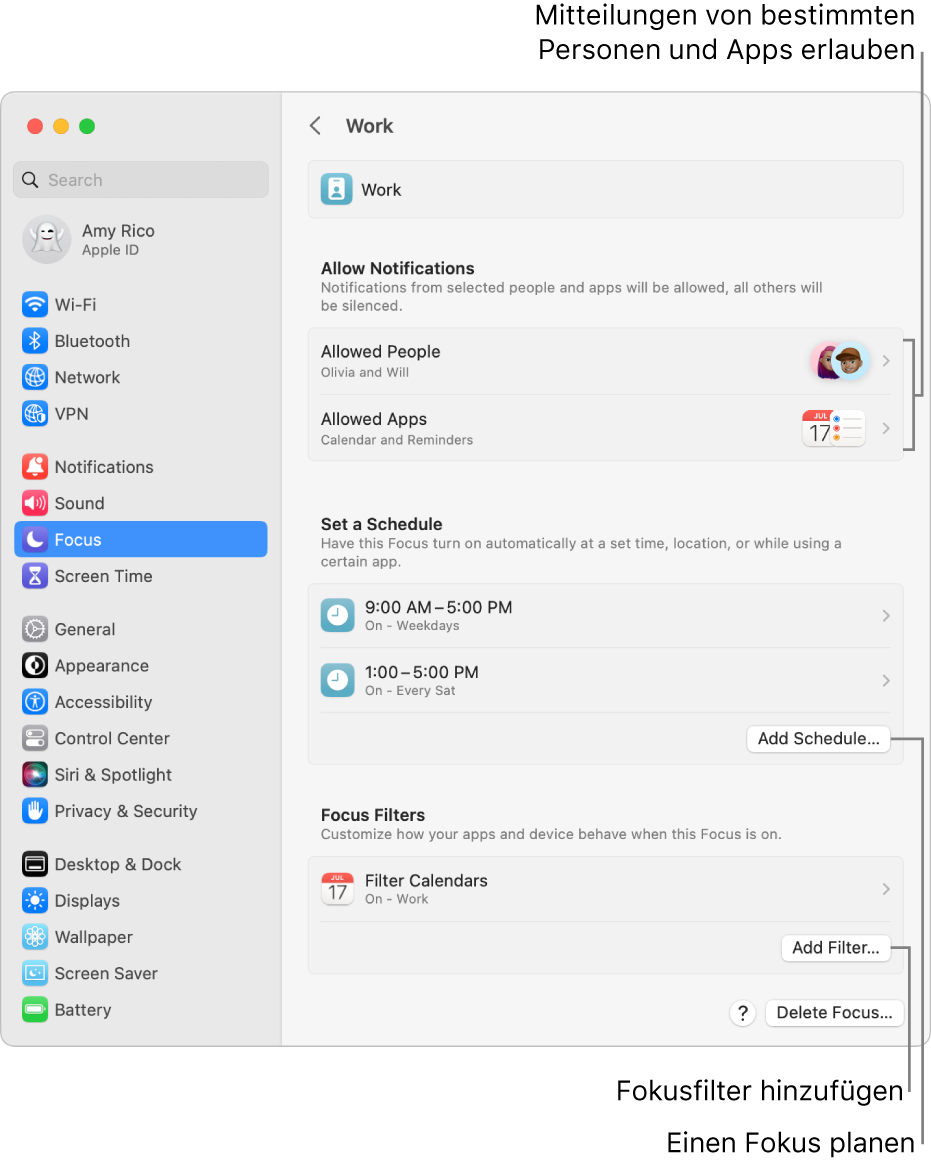 Fokus-Einstellungen mit den Einstellungen für den Fokus „Arbeiten“. Oben wird die Liste der Personen und Apps angezeigt, deren Mitteilungen erlaubt sind, wenn der Fokus „Arbeiten“ aktiv ist. In der Mitte ist der zeitbasierte Zeitplan zu sehen, mit dem der Fokus „Arbeiten“ automatisch aktiviert wird. Unten ist ein Fokusfilter für die App „Kalender“ zu sehen.