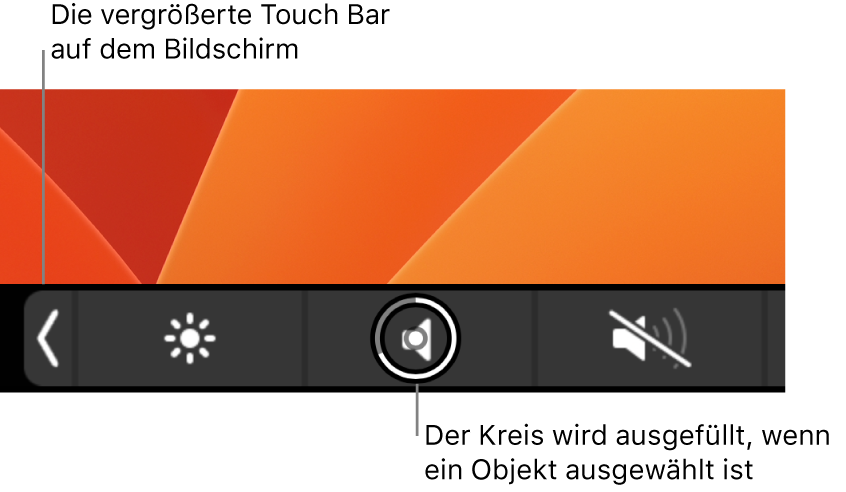 Die eingezoomte Touch Bar unten auf dem Bildschirm; der Kreis über einer Taste wird gefüllt, wenn die Taste ausgewählt wird.