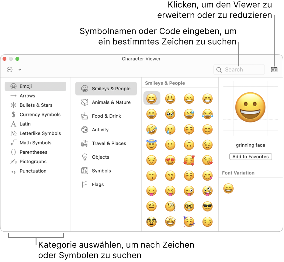 Die Zeichenübersicht. Wähle links eine Kategorie aus, um Zeichen oder Symbole anzuzeigen. Gib in das Suchfeld den Namen oder den Code eines Symbols ein, um das spezifische Zeichen zu finden. Klicke in der Ecke rechts oben, um die Übersicht zu erweitern oder zu reduzieren.