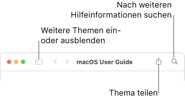 Ein Hilfefenster mit Tasten in der Symbolleiste zum Ein- oder Ausblenden des Inhaltsverzeichnisses und zum Teilen eines Themas sowie einem Suchfeld zum Suchen nach Themen.