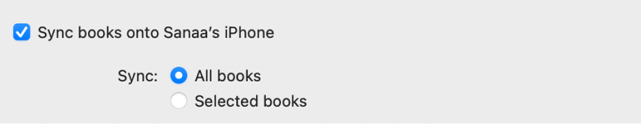 Das Feld „Bücher synchronisieren auf: [Gerätename]“ ist aktiviert. Darunter ist „Alle Bücher“ rechts neben „Synchronisieren“ über „Ausgewählte Bücher“ ausgewählt.
